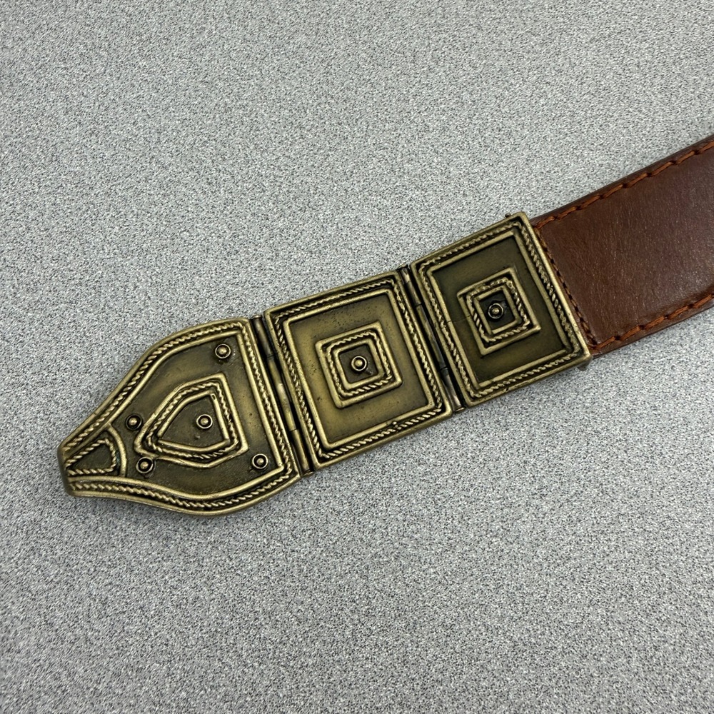 Donna Karan Belt Womens Small Brown Leather Brass Geometric Buckle Made in Italy - Picture 2 of 9